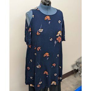 Cold Shoulder Plus XXL Navy Floral Keyhole Tunic Dress